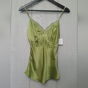 Vintage Silk Dead Stock Green Thyme Lace Beaded Y2k Worthington Camisole Size XS